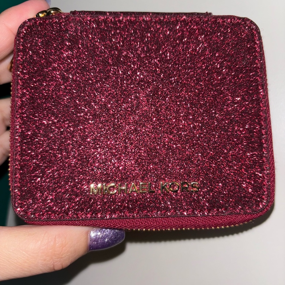 Michael Kors EUC Cranberry Red Glitter Jewelry Travel Case